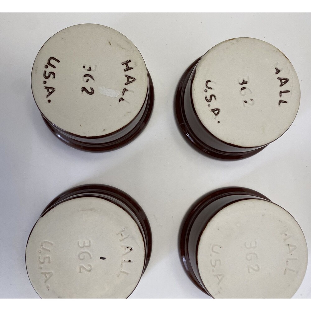 New HALL USA Vintage Set of 4 White/Brown Oven Ware 3" Ceramic Bowls Souffle NOS - Picture 5 of 12